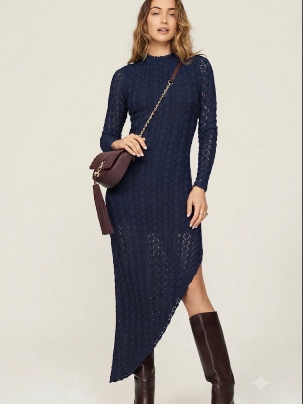 Something Navy Crochet Asymmetrical Knit Midi Dress S NWT!